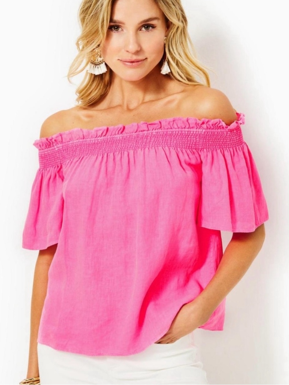 NWT Lilly Pulitzer Leanne Off The Shoulder  Bright pink Linen Top Size Small